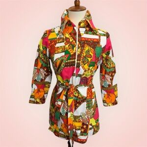 Vintage Psychedelic Flower Power Novelty Sue Ann of Dallas Zip Tunic